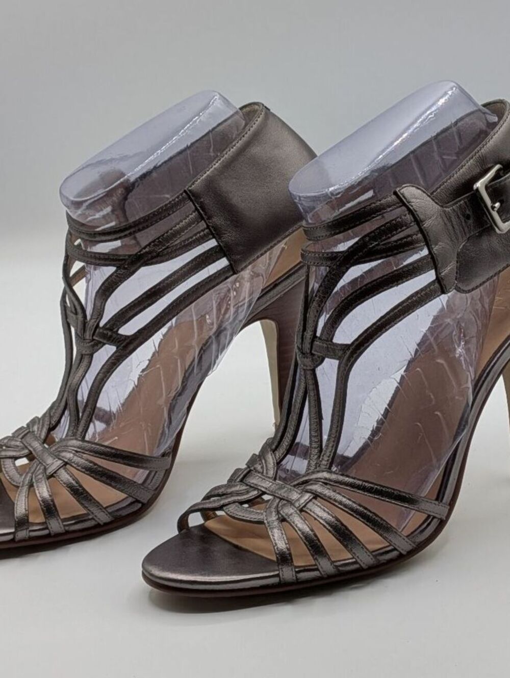 Cole Haan 7.5 B $198 Pewter Metallic Leather Strappy 4" Heeled Open Toe Sandals